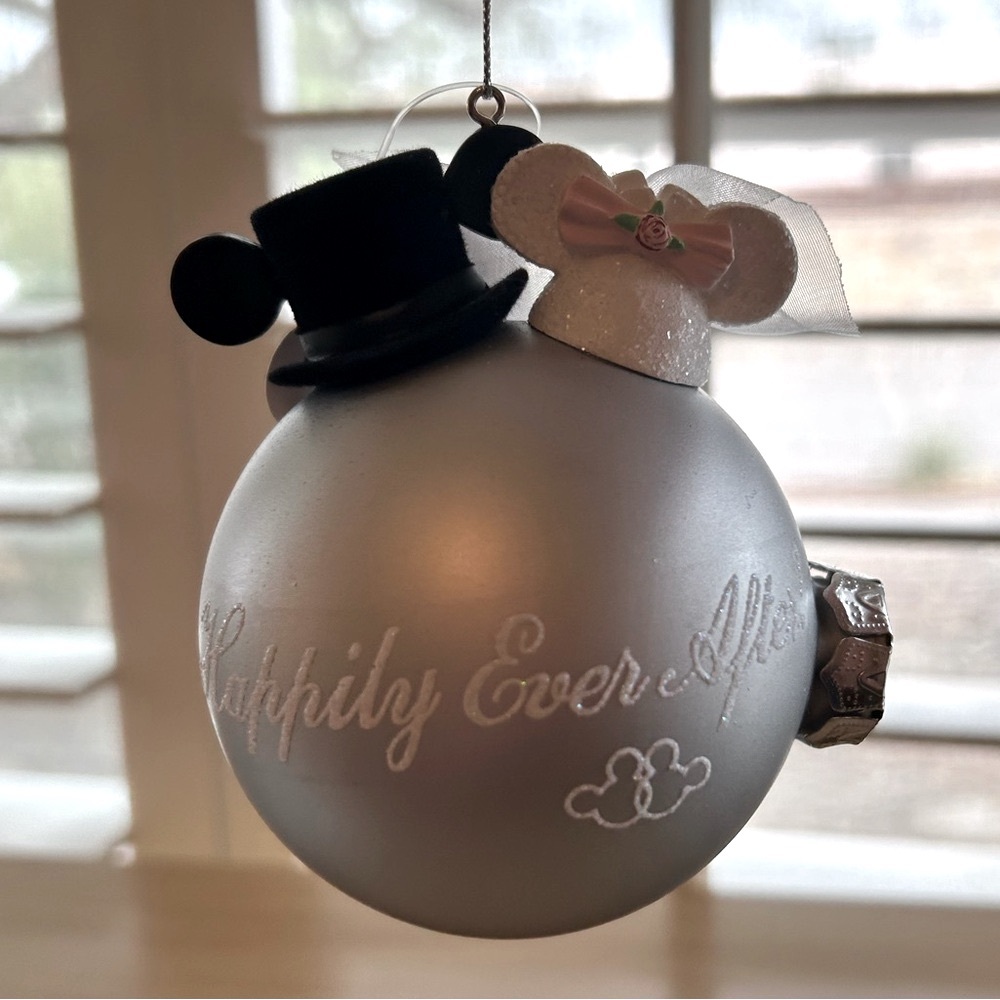 NWT Disney Parks “Happily Ever After” Mickey Minnie Glass Christmas Orna…